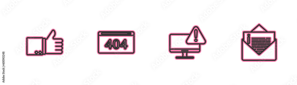 Poster set line hand thumb up, monitor with exclamation mark, page 404 error and envelope icon. vector