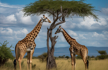 Two Maasai giraffe, male and female, grazing from an acacia tree in the Masai Mara, Kenya.