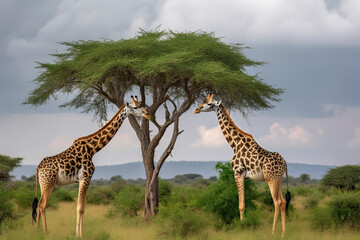Two Maasai giraffe, male and female, grazing from an acacia tree in the Masai Mara, Kenya.