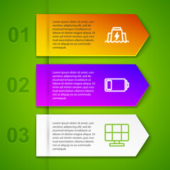 Set line Hydroelectric dam, Battery and Solar energy panel. Business infographic template. Vector