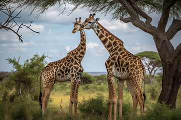 Two Maasai giraffe, male and female, grazing from an acacia tree in the Masai Mara, Kenya.