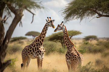 Fototapeta premium Two Maasai giraffe, male and female, grazing from an acacia tree in the Masai Mara, Kenya.
