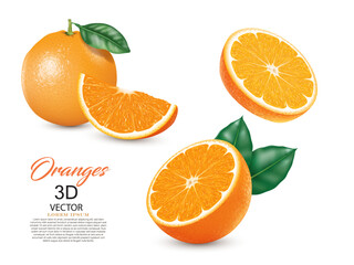 fresh orange fruits set design isolated on the white background,fresh tasty realistic 3D orange fruits vector illustration design element.