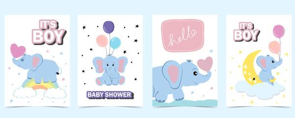 Baby elephant postcard with cloud, rainbow, moon for birthday postcard