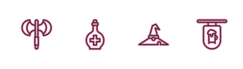 Set line Medieval poleaxe, Witch hat, Bottle with potion and Street signboard Bar icon. Vector