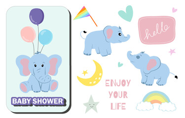Baby elephant object with star,heart,moon,rainbow for birthday postcard