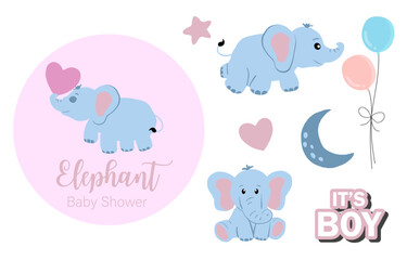 Obraz na płótnie Canvas Baby elephant object with star,heart,balloon for birthday postcard