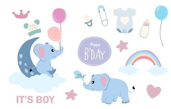 Baby elephant object with star,heart,rainbow for birthday postcard
