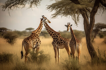 Obraz premium Two Maasai giraffe, male and female, grazing from an acacia tree in the Masai Mara, Kenya.