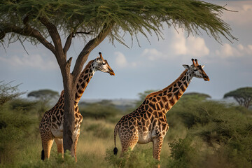 Fototapeta premium Two Maasai giraffe, male and female, grazing from an acacia tree in the Masai Mara, Kenya.