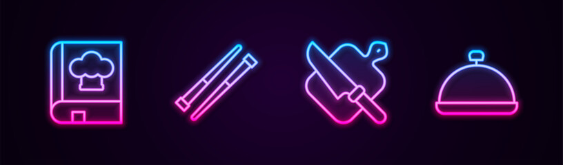 Set line Cookbook, Food chopsticks, Cutting board and knife and Covered with tray of food. Glowing neon icon. Vector