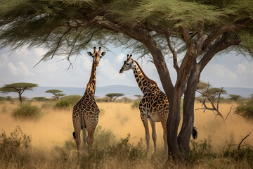 Obraz premium Two Maasai giraffe, male and female, grazing from an acacia tree in the Masai Mara, Kenya.