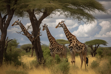 Fototapeta premium Two Maasai giraffe, male and female, grazing from an acacia tree in the Masai Mara, Kenya.