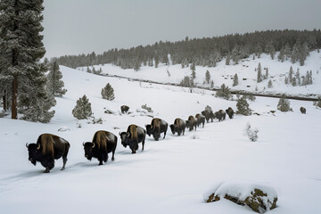 Yellowstone National Park. Herd of Bison in the snow