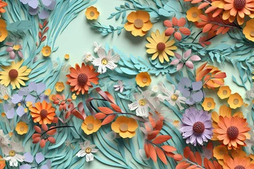 Zelfklevend Fotobehang Pastel Coloured 3D Floral Seamless Paper Patterns - Generative AI © Lud Blue