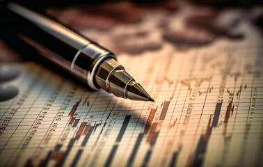 pen sits near a financial chart with graphs