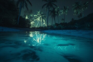Fototapeta na wymiar paradise ocean blue luminous beach night sky palm vacation tropical tree. Generative AI.
