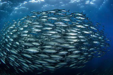 Naklejka na ściany i meble Abstract jamb fishes underwater sea ecosystem. Large group of fish on blue background