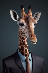 Studio photo portrait of a happy giraffe in hipster clothes working on laptop, concept of Vibrant Colors and Creative Pose, created with Generative AI