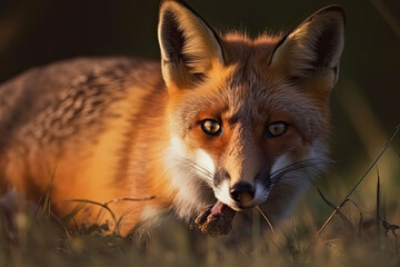 Fototapeta premium Red Fox after hunting, Vulpes vulpes, wildlife scene from Europe.Portrait of fox with prey on meadow