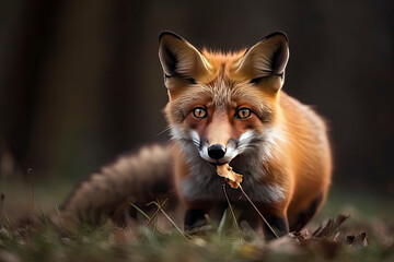 Fototapeta premium Red Fox after hunting, Vulpes vulpes, wildlife scene from Europe.Portrait of fox with prey on meadow