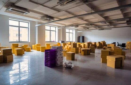 a large white open space of a office with moving box piles in the background