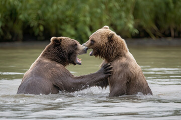Obraz premium A pair of young Brown Bears fight in the middle of a river in Alaska.