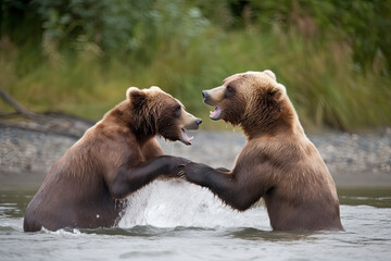 Obraz premium A pair of young Brown Bears fight in the middle of a river in Alaska.