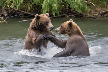 Fototapeta premium A pair of young Brown Bears fight in the middle of a river in Alaska.