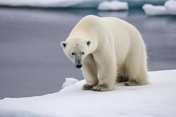 Adult male polar bear sits at the edge of the fast ice in Svalbard