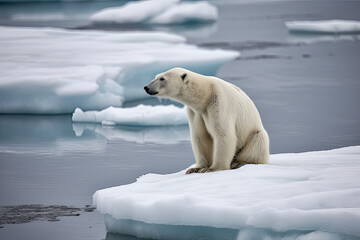Obraz na płótnie Canvas Adult male polar bear sits at the edge of the fast ice in Svalbard