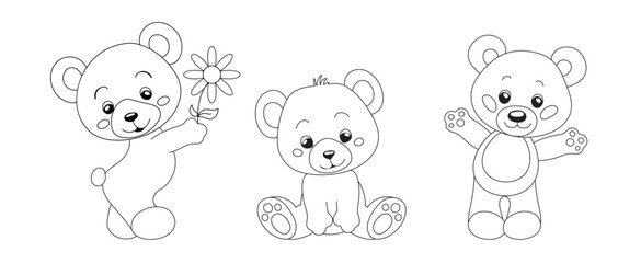 Hand-drawn cute teddy bears for coloring book cartoon.  Vector illustration isolated design element. Black and white outline image. 