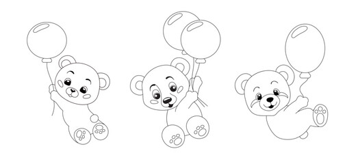 Obraz na płótnie Canvas Hand-drawn cute teddy bears with balloons for coloring book cartoon. Vector illustration isolated design element. Black and white outline image. 