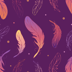 Feathers seamless bright gradient pattern in modern style. Color spots in neon colors. Tribal theme, 90s, hippie, psychedelic, dream catchers, boho chic. For wallpaper, fabric, background.