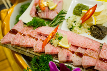 Top view of Set of striped calf beef prepare for grilled, focus selective