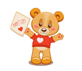 drawn cartoon cute teddy bear with heart on his shirt holding paper with word mom and  heart on it. Isolated design element for a Mother's Day greeting card. Vector illustration