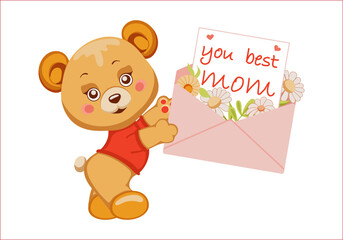 cartoon cute teddy bear holding envelope with letter and letter that says you are the best mom. Isolated design element for Mother's Day greeting card. Vector illustration 
