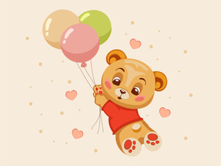 Painted cute teddy bear flying balloons on background of pink hearts and dots. Isolated decor item for greeting card, mother's d, father's, valentine's, birthday, baby shower. Vector illustration. 