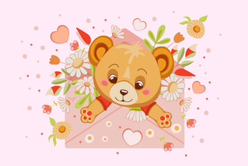 painted cartoon cute bear in pink envelope with flowers and hearts. Isolated greeting design element for card, mother's day, birthday, valentine's, baby shower. Victor illustration 