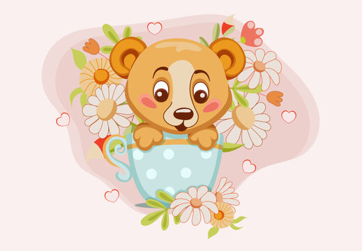 Cute bear cub in a blue cup with flowers and hearts, cartoon style. Decorative design element for greeting card, mother's day, birthday, valentine's day, children's holiday. Vector illustration.  
