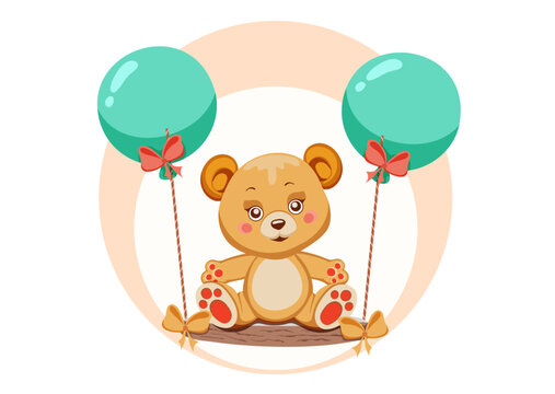 Cartoon painted cute bear cub is sitting on swing with balloons and bows. Design element for greeting card, mother's day, valentine's day, baby shower, invitation, birthday, party. Vector illustration