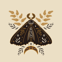 Moth, phases of the moon and stars, wormwood and fern. Vector illustration in scandinavian folk style. Halloween, magic, witchcraft, astrology, mysticism. For logo, posters, cards, banner, tattoo © Любовь Кондратьева