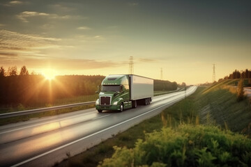 Fototapeta na wymiar Truck with the cargo driving on highway in a sunset lights. Logistic delivery system. AI Generative