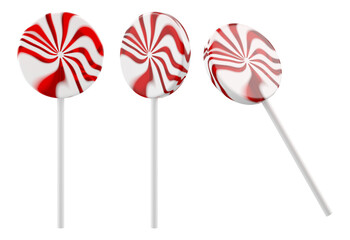 Round lollipop with red and white swirl stripes on white plastic stick. Isolated sweet candy. 3D rendered image.