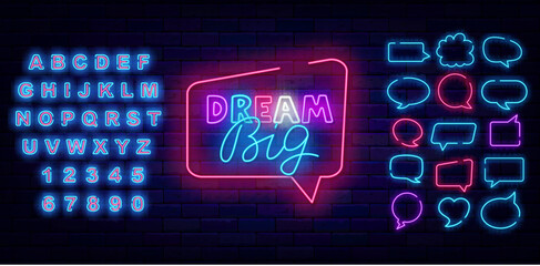 Dream big neon logotype. Shiny typography. Glowing blue alphabet. Speech bubbles set. Vector illustration