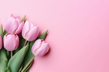 Spring Tulip Flowers on Pink Background, Top View in Flat Lay Style. Generative ai