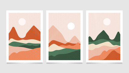 Flat boho hand drawn abstract landscape covers collection