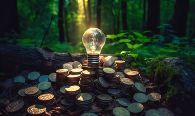 money inside light bulb near stacks of coins in the park