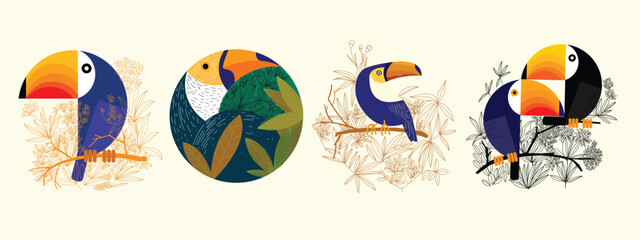 Set of Cartoon bird with landscape background vector illustration. © Suryadi