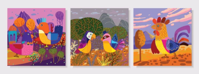 Tuinposter Set of Cartoon bird with landscape background vector illustration. © Suryadi